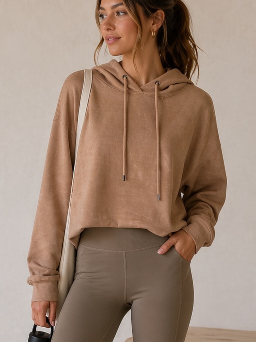 Tahari Pink Blush Suede Cropped Hooded Sweatshirt size Small